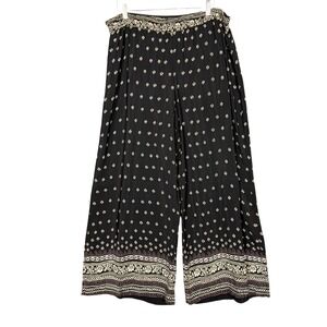 Roman Pants Womens 18 Black Cream Print Boho Wide Leg High‎ Rise Pull On Viscose
